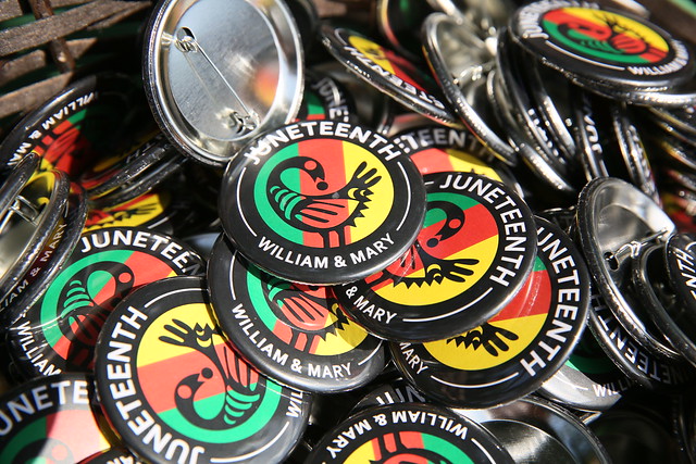 W&M’s commemorative Juneteenth button displays the Sankofa, an Adinkra symbol from Ghana, which translates as “to look into one’s past in order to move forward.”