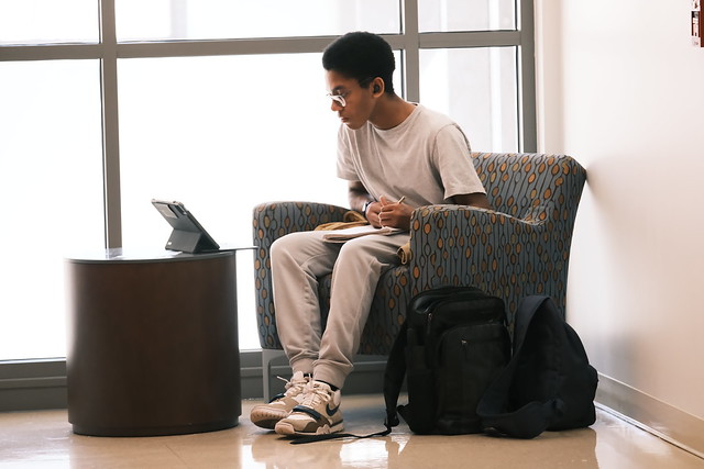 A W&M student studies in one of the alcoves of the School of Education.