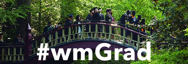 Graduates in caps and gown cross the Crim Dell bridge. #wmGrad